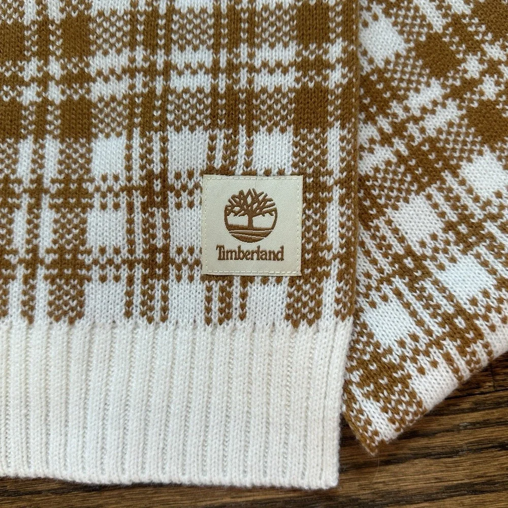 Timberland Scarf Wheat Plaid Brown Knit Winter Rectangle Logo T101808 NEW